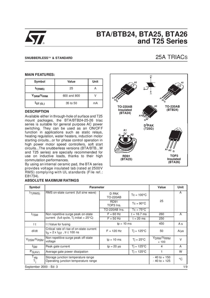 10Pcs BTA26-600B Triac ST MICRO Thyristor BTA26600B STM 26A 600V TOP-3L - eElectronicParts