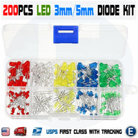 200Pcs 3mm 5mm LED Light White Yellow Red Blue Green Assortment Diodes Kit Box - eElectronicParts