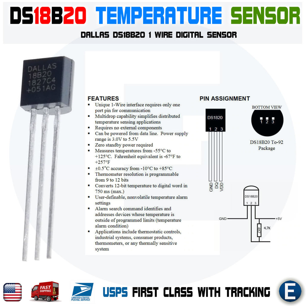 Waterproof DS18B20 Dallas 1 wire digital temperature sensor and resistor