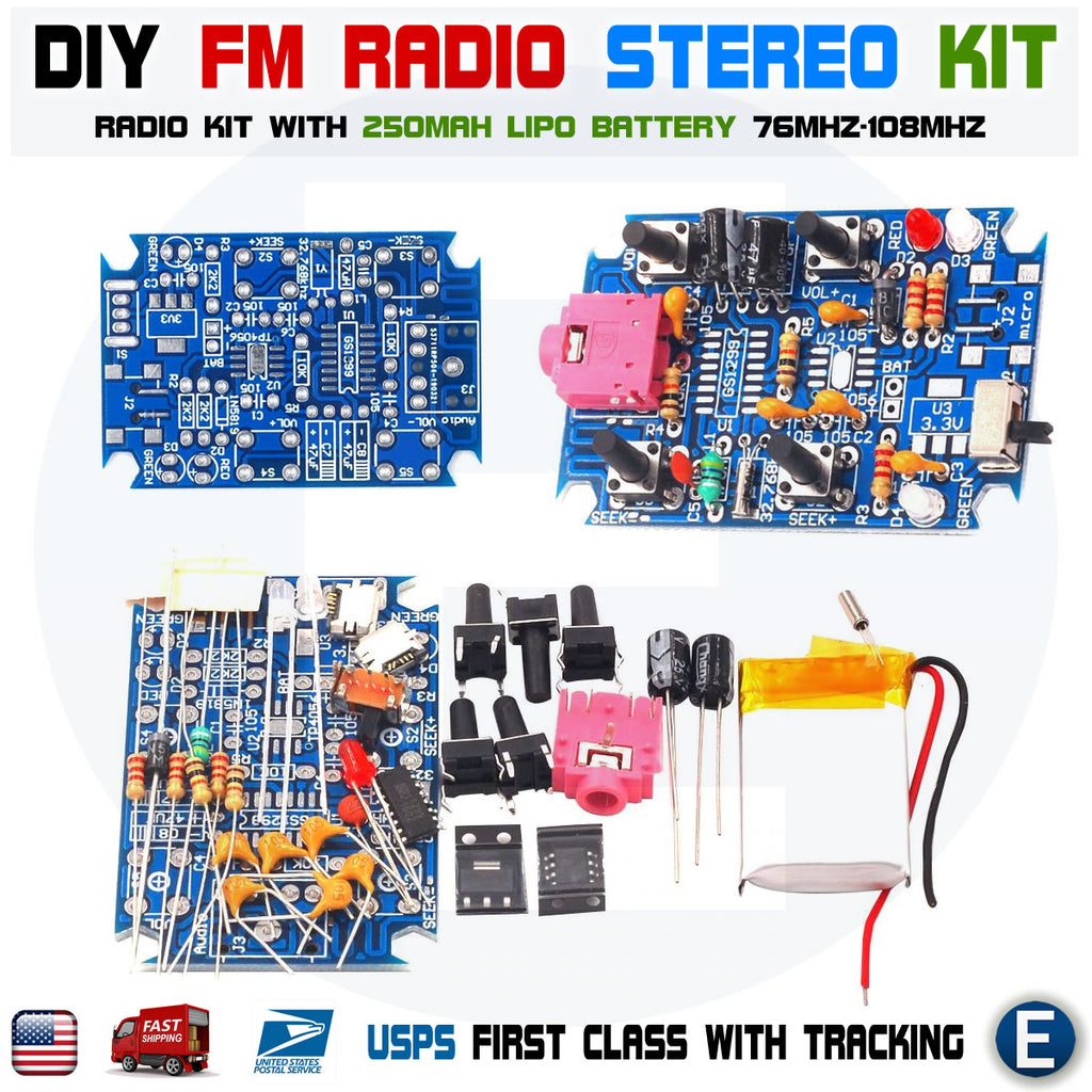 DIY Wireless Stereo FM Radio KIT Electronic Module + 250mah Battery 76MHz-108MHz - eElectronicParts