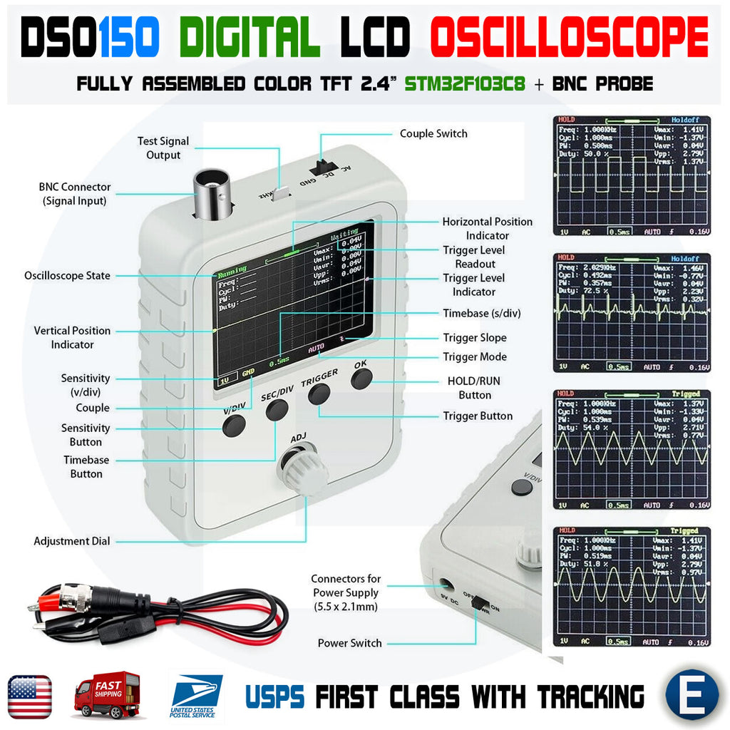 DSO150 Digital Oscilloscope Fully Assembled 2.4" LCD 15001K DIY KIT Probe