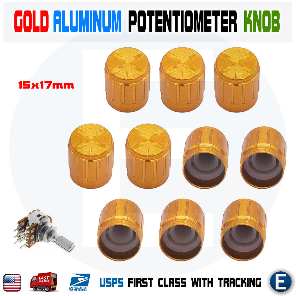 10pcs Gold Knob Cap Aluminum Alloy Potentiometer Rotary Shaft 15x17mm WH148