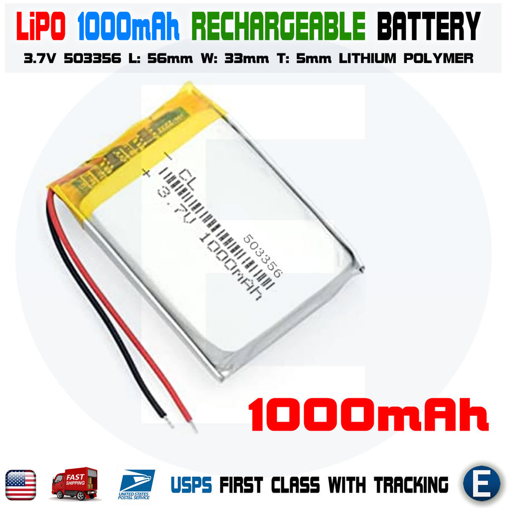 1000mAh 3.7V lipo rechargeable Battery 503356 polymer lithium Li-Po USA