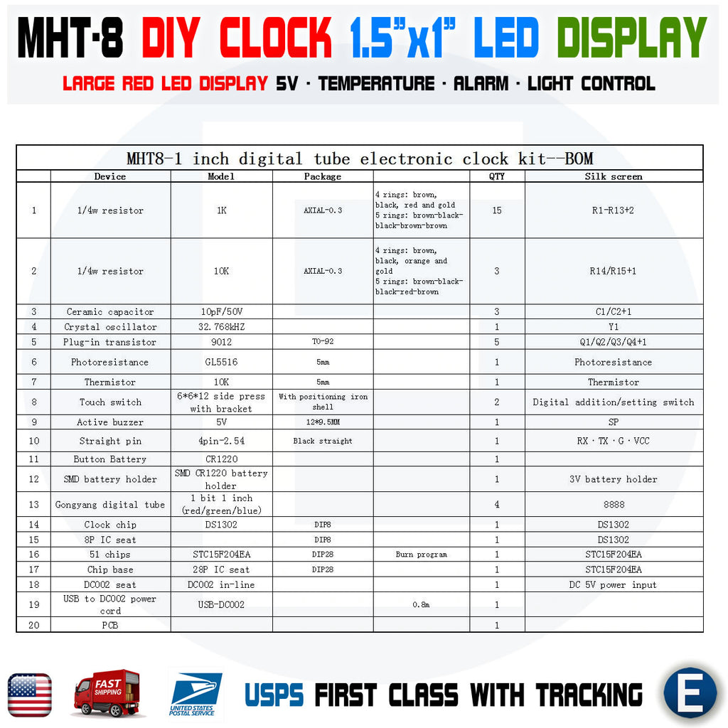 MHT-8 DIY KIT Clock Digital Tube Large LED Display MCU STC15F204EA 5V Electronics