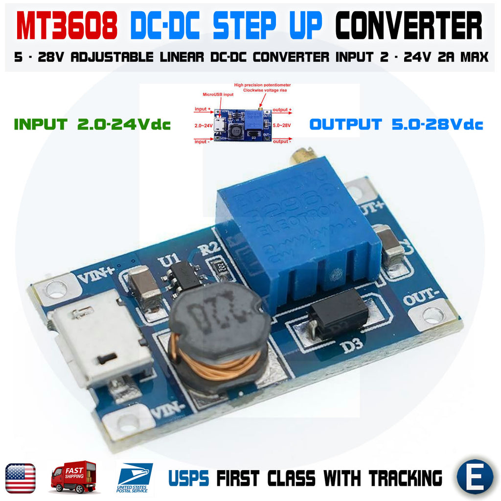 MT3608 MICRO USB DC-DC Voltage Step Up Adjustable Boost Converter Modu –  eElectronicParts