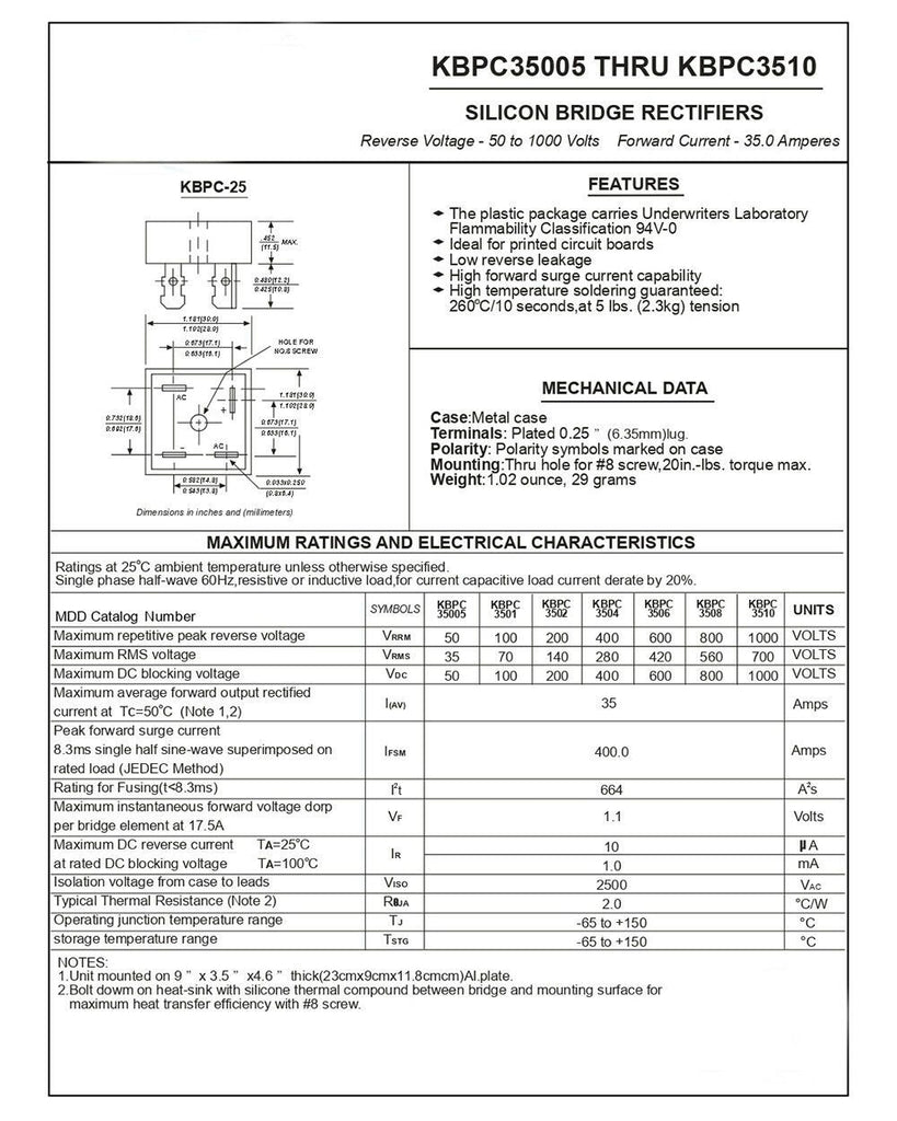 10pcs KBPC3510 Diode Bridge Rectifier Single Phase Metal Case 1000V 35A - eElectronicParts